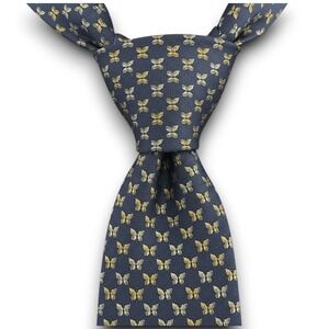 Smithsonian Institution Silk Tie Navy Blue Gold Silver Butterfly Print Necktie